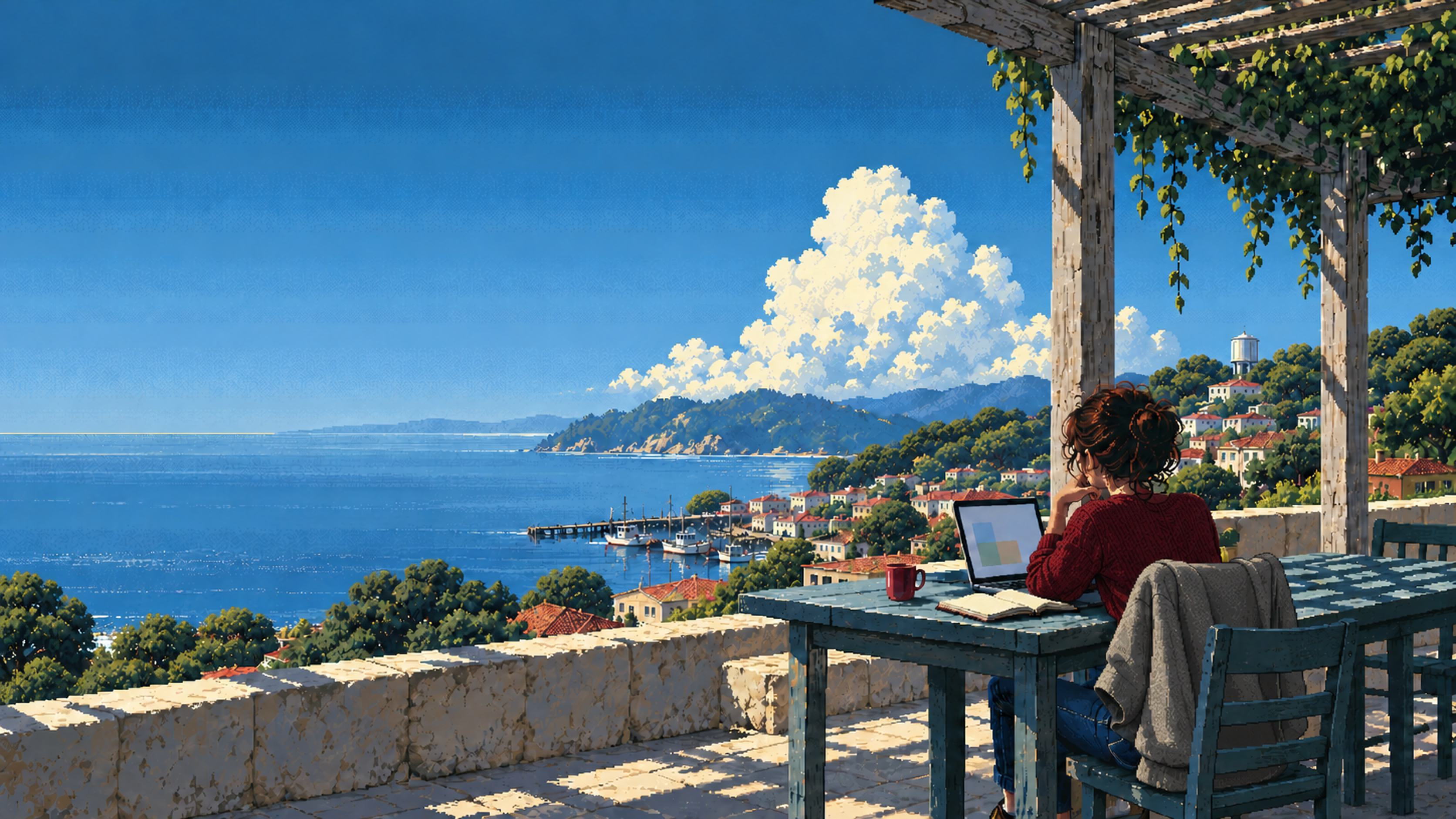 On a rooftop terrace above the coastal town, a woman in an oxblood sweater works at a laptop under a vine-hung pergola, the harbor and bay below.