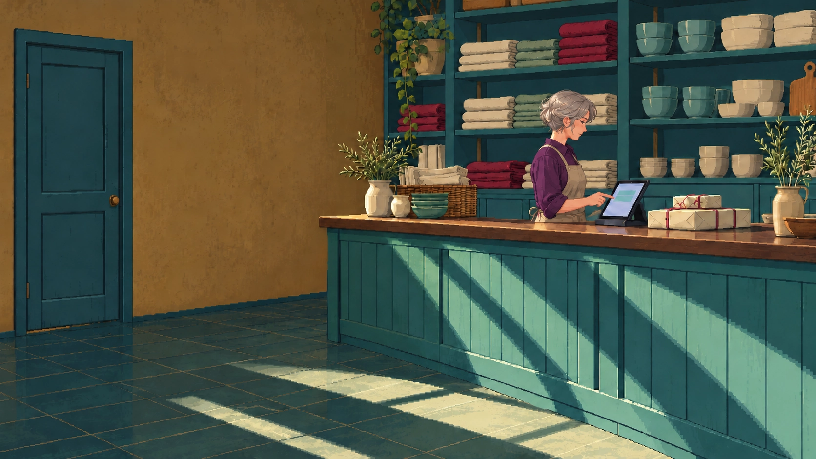 In a shop with an ochre wall, a woman with silver hair, in a plum blouse and tan apron, looks at a tablet on the counter beside wrapped parcels.