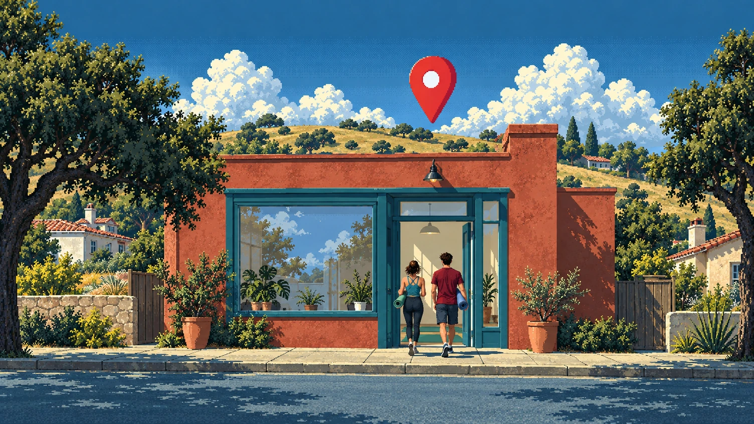 Two customers carrying rolled yoga mats walk into a small yoga studio on a sunny street, under a big red map pin floating above its door.
