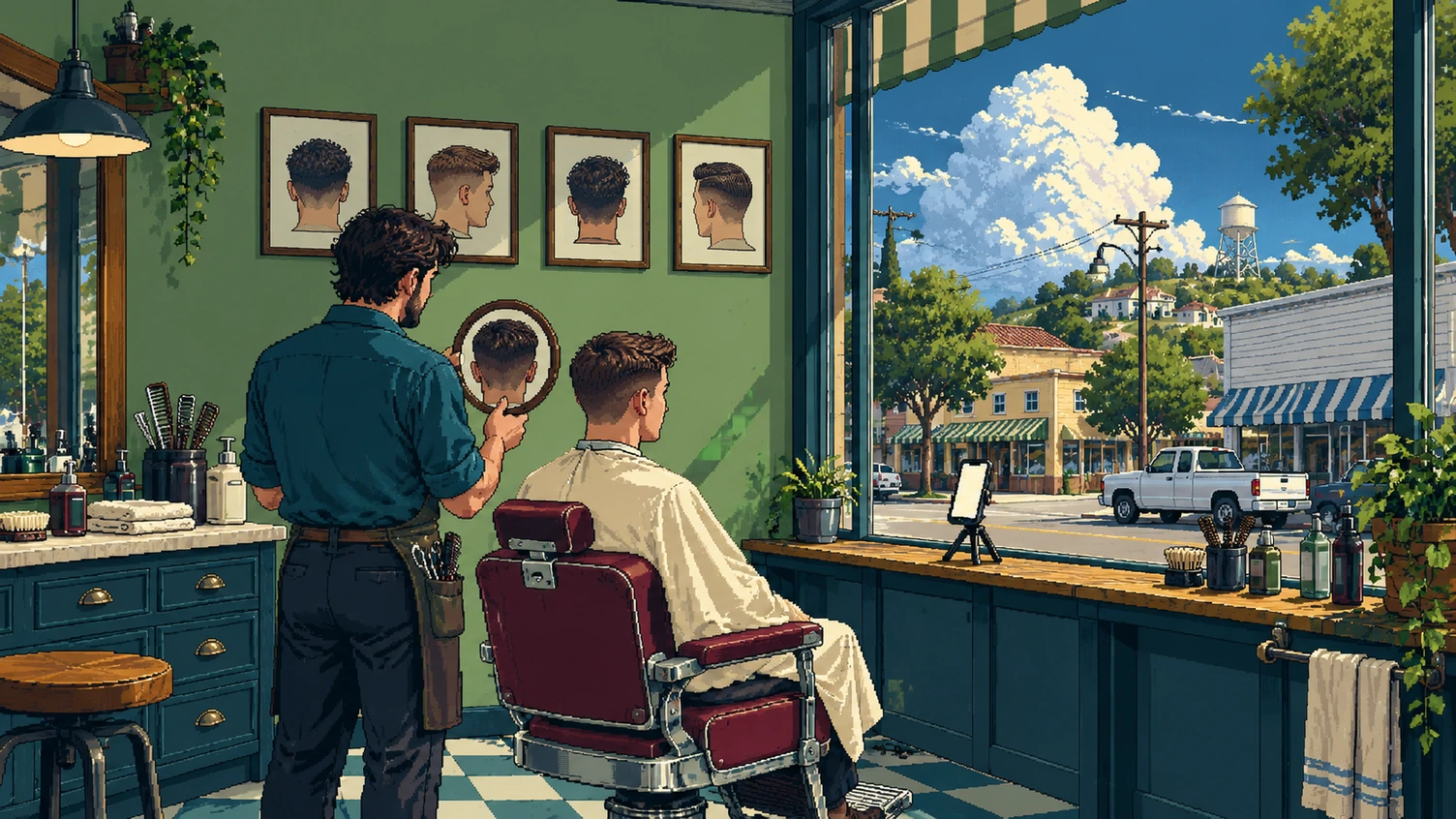 In a barbershop, the barber holds up a hand mirror so a seated client can see his fresh cut, while a phone on a little tripod by the window faces the chair.