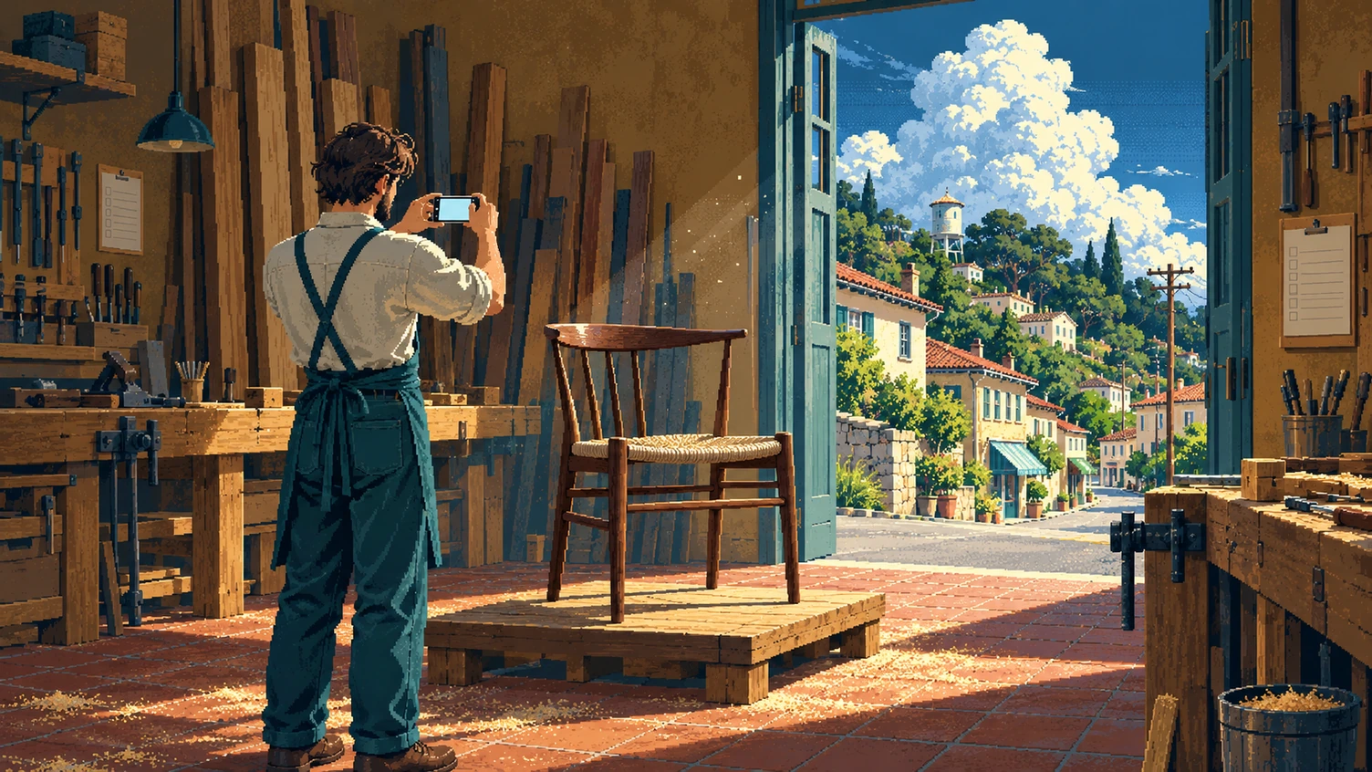 In his workshop, a furniture maker photographs a finished walnut chair with his phone; the open door shows a sunny street climbing a hill.