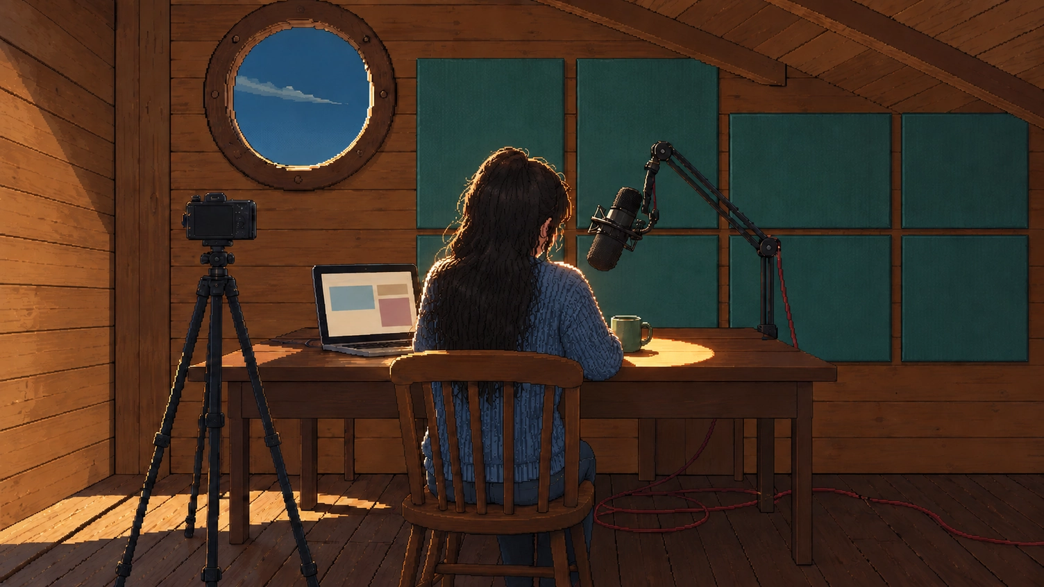 In a recording room inside a wooden boathouse, a creator in a slate-blue sweater leans toward a microphone at a desk, with a camera on a tripod nearby.