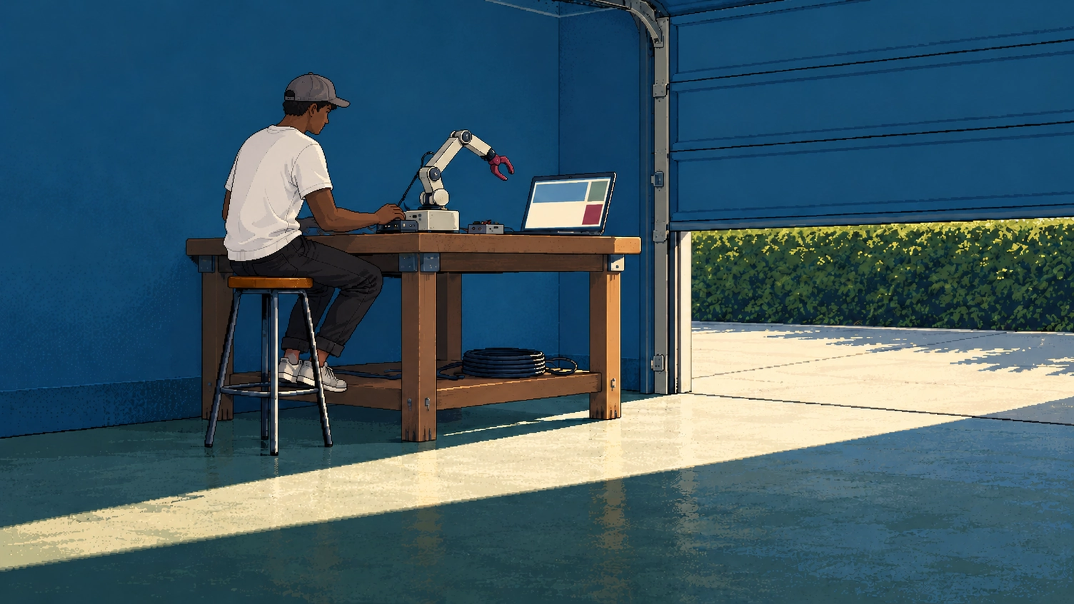 In a home garage workshop with steel-blue walls, a developer in a white tee and grey cap works on a small robot arm beside an open laptop.