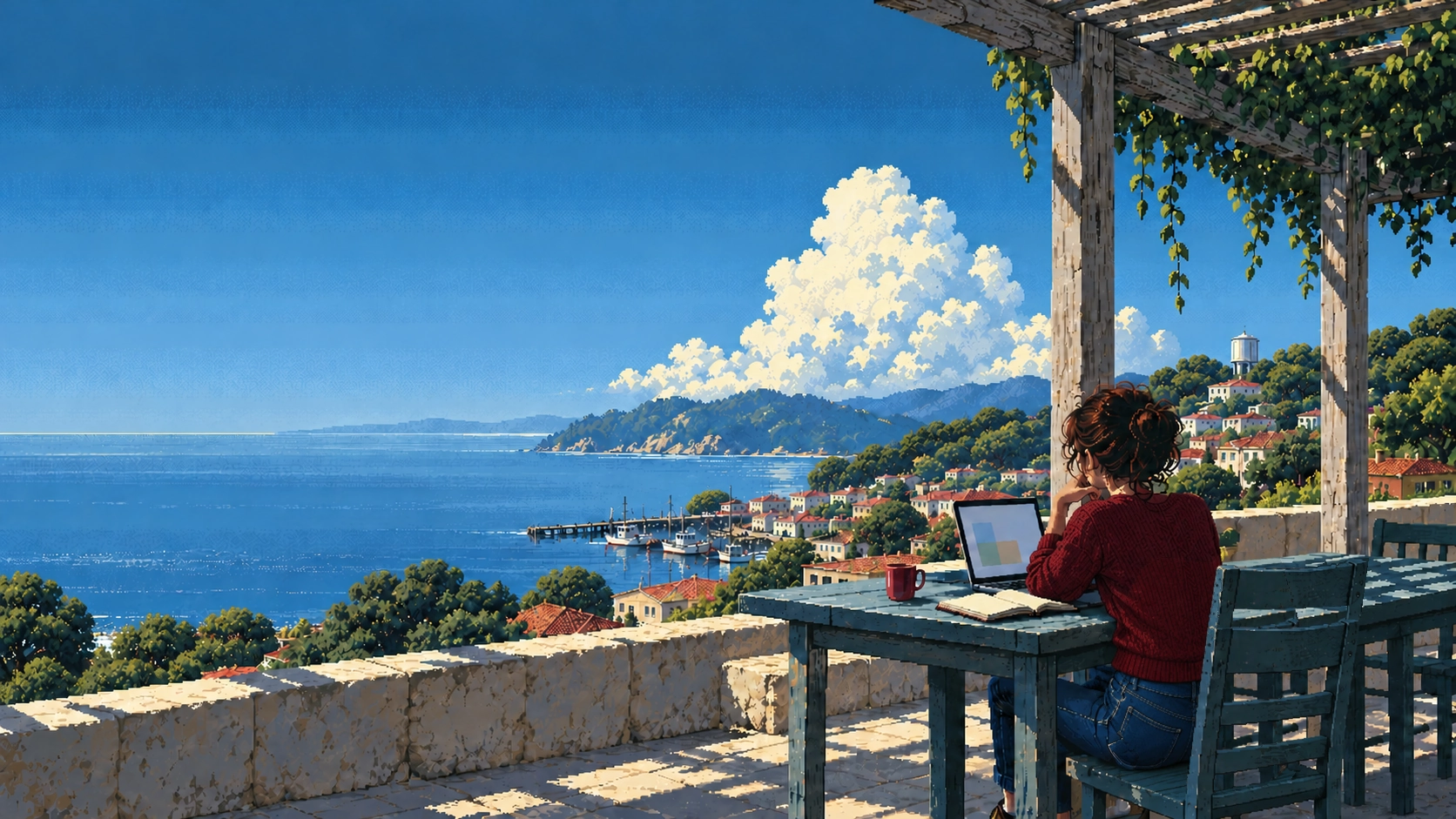 On a rooftop terrace above the coastal town, a woman in an oxblood sweater works at a laptop under a vine-hung pergola, the harbor and bay below.