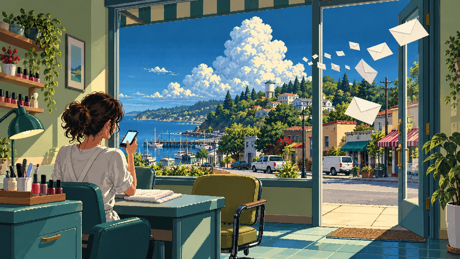 Inside her nail salon, the owner talks into her phone while a flock of envelopes flies out the open door toward the houses on the hill.