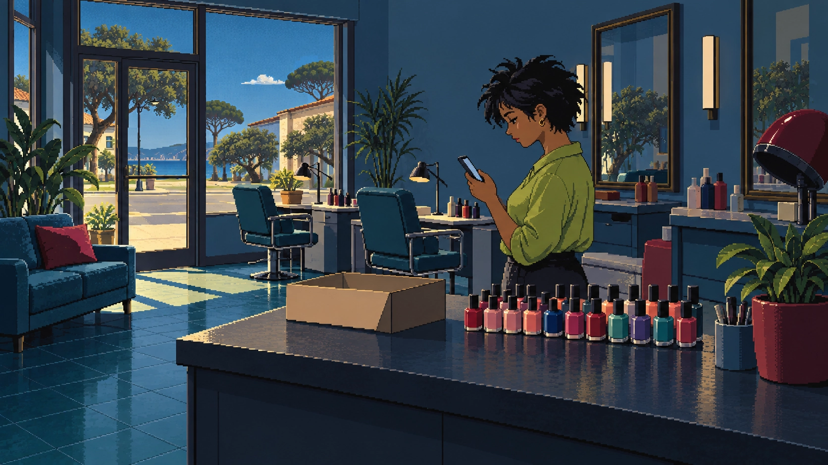 Behind the counter of her empty salon, the owner looks at her phone beside an open box and a new row of nail-polish bottles.