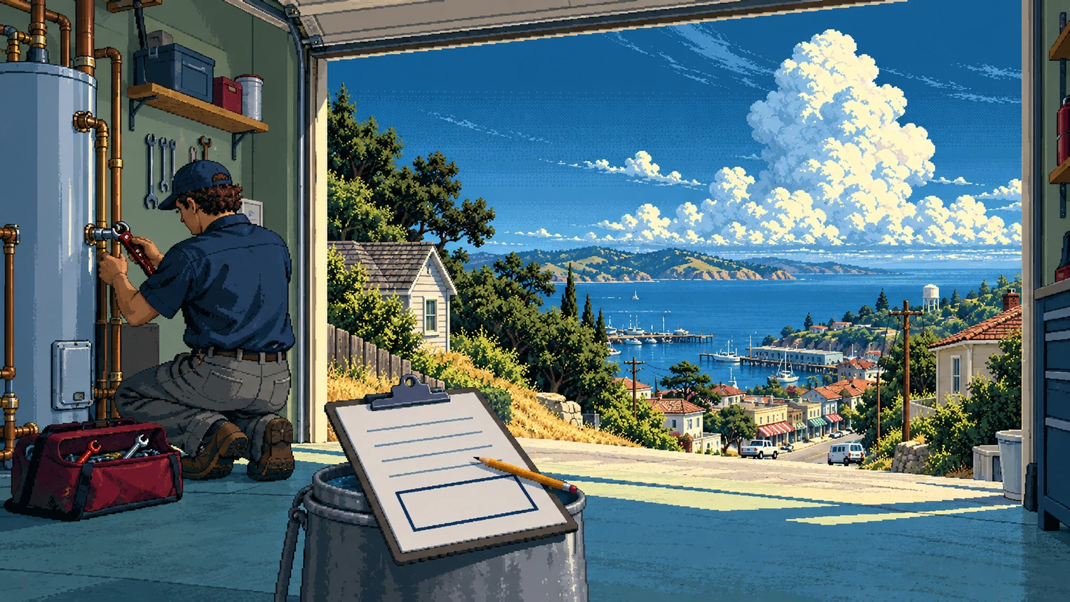 A plumber fits a pipe to a water heater in a garage; beside him, a clipboard on a bucket holds a form with one empty box.