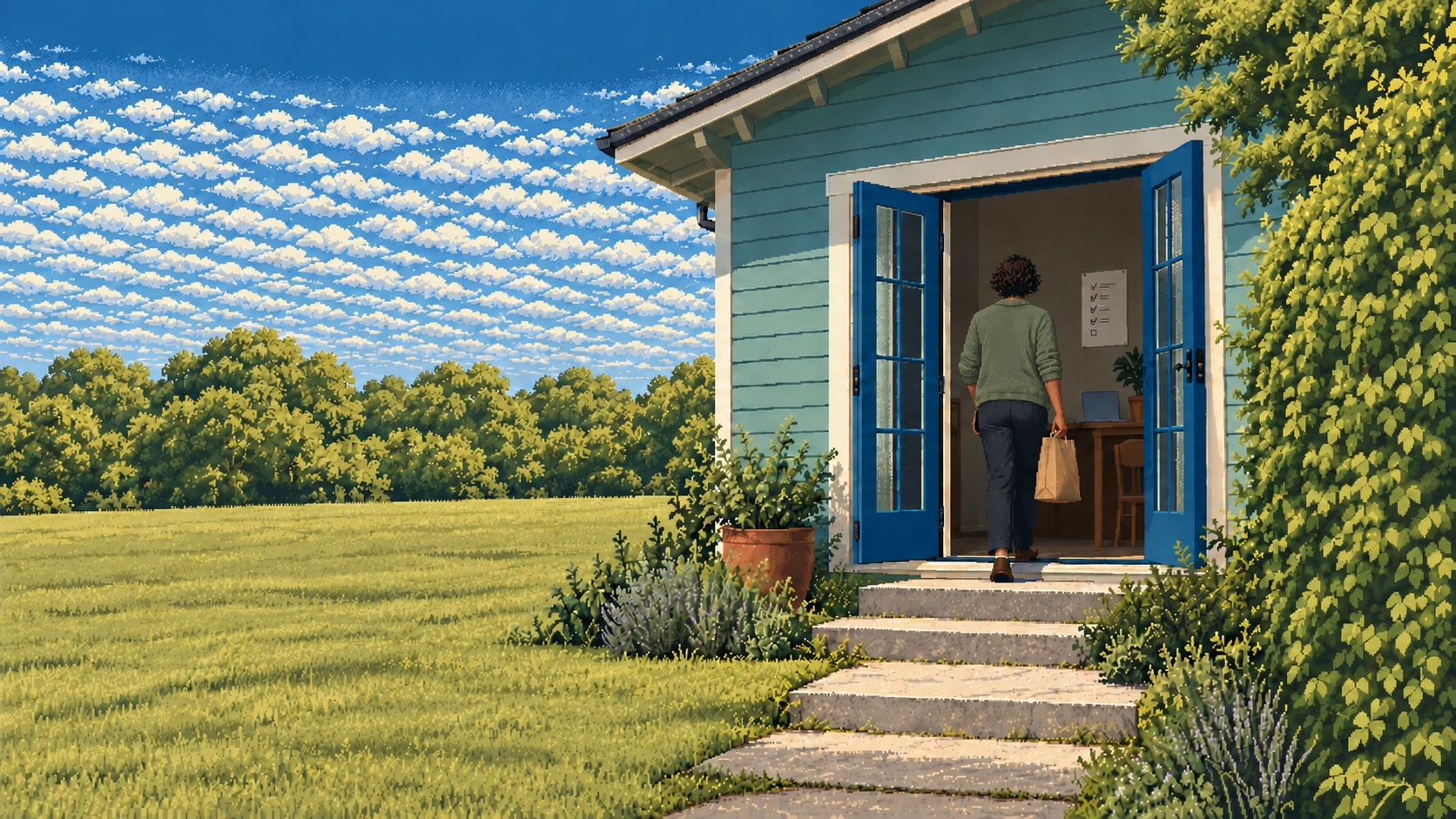 From the garden of a house, a person in a sage overshirt carries a paper bag up the steps through open blue doors into a room with a desk.