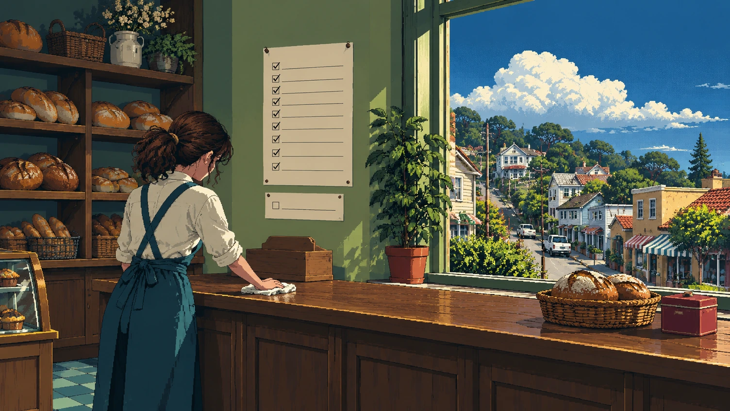 In her bakery, the owner wipes down the counter; on the wall hangs a long list with every line ticked, and under it one small note with no tick.