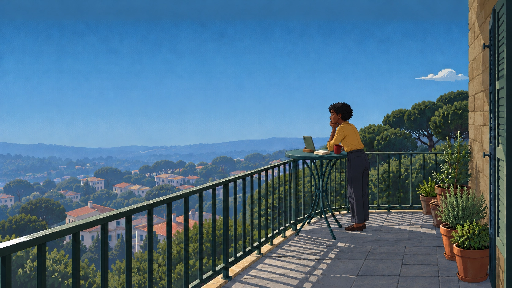 On a balcony at the top of a hillside town, a woman in an ochre cardigan leans on a small table, chin in hand, beside a phone and notebook.