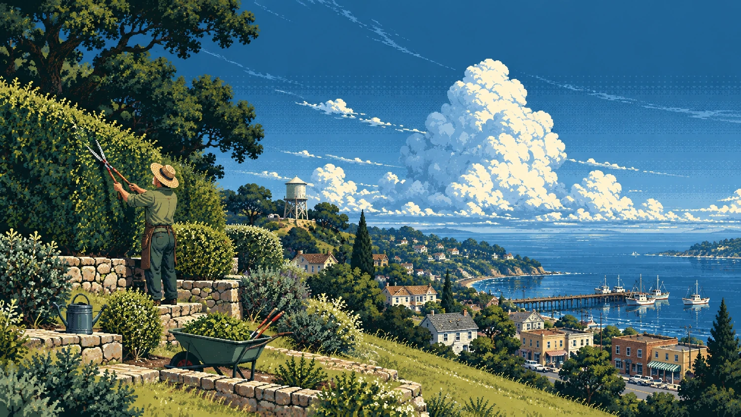 A gardener trimming a tall hedge with long shears, high above the bay.