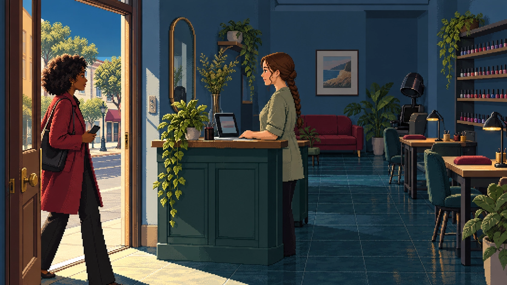 A customer in a crimson coat steps through a salon's open door as the owner turns to greet her from the front desk.