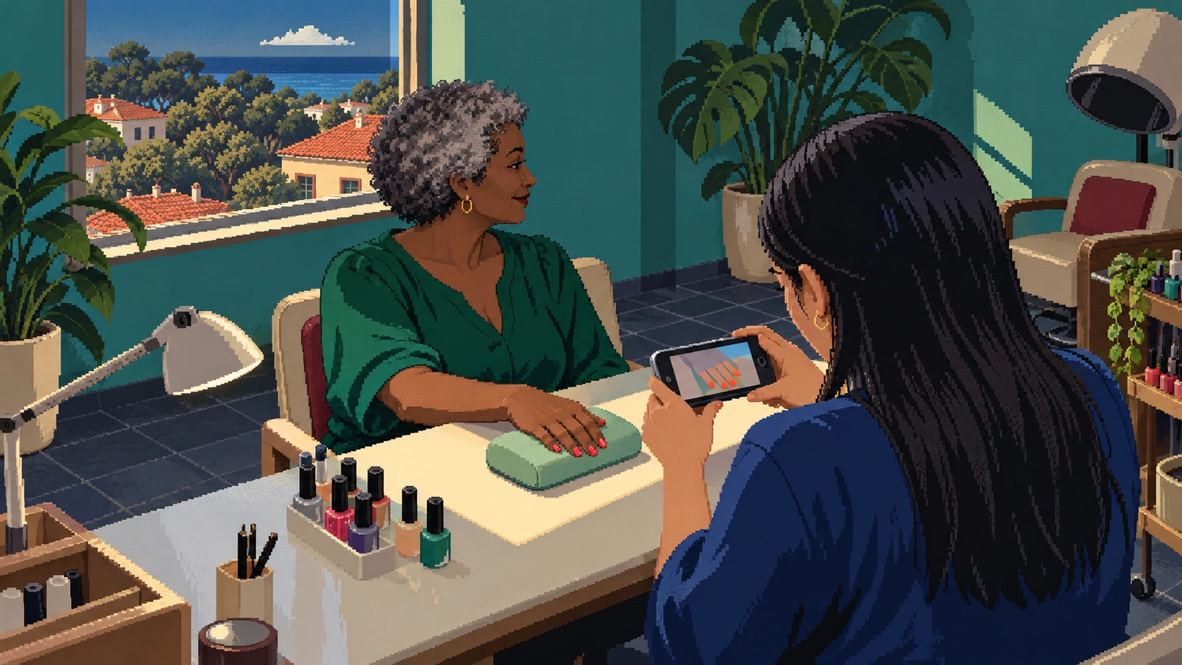 At a nail table by a window over the roofs and the sea, a woman holds her phone sideways to photograph a grey-haired client's fresh red nails on a mint cushion.