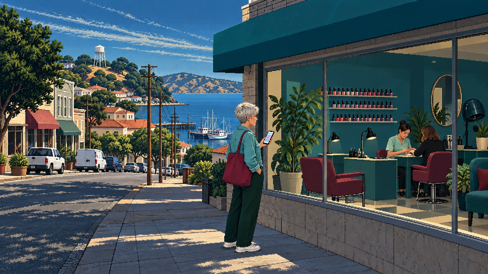 A woman with grey hair and a red tote looks at her phone outside a salon window, where a nail appointment is underway and a crimson chair stands free.