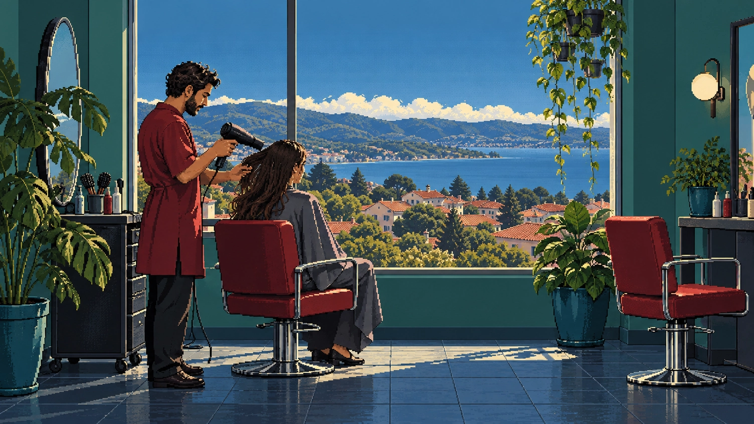 A stylist in a wine-red tunic dries a client's long hair in a crimson chair by a big window over the bay and the town.